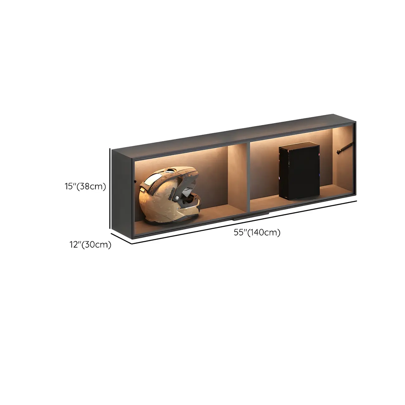Black Wall Mount Wood 2-Cube Display Cabinet with Light Image - 23 | homeyfad