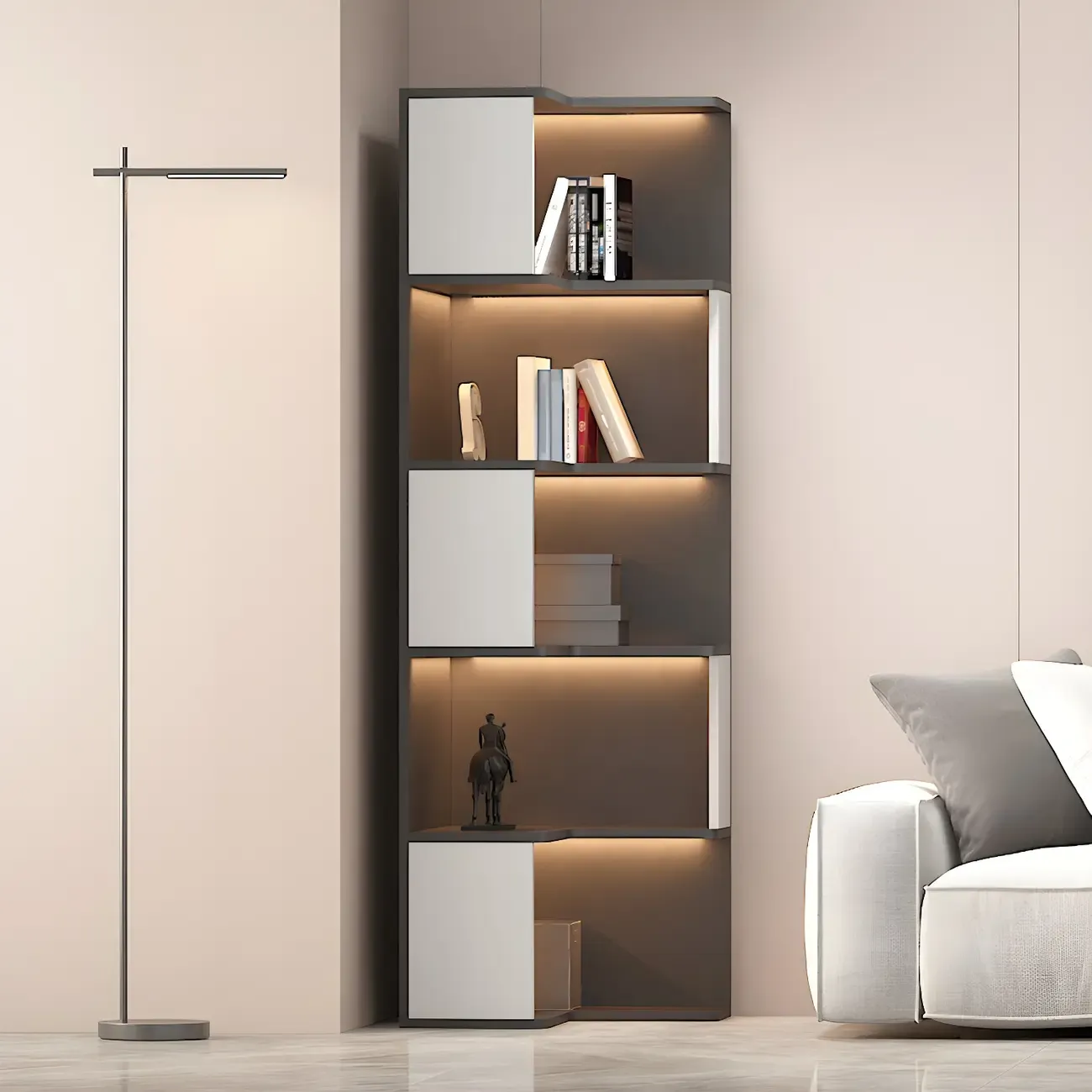 Contemporary Wooden Corner Display Cabinet with Lighting Image - 4