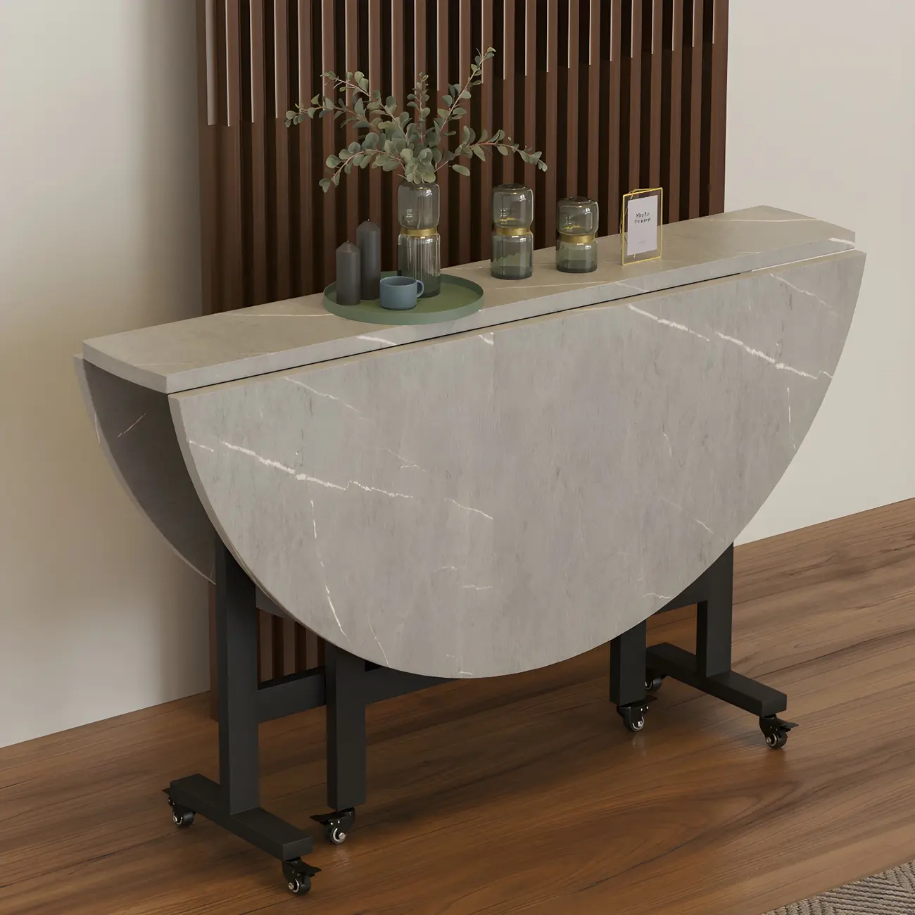 Gray Wood Round Wheeled Foldable Dining Table Image - 1 | homeyfad