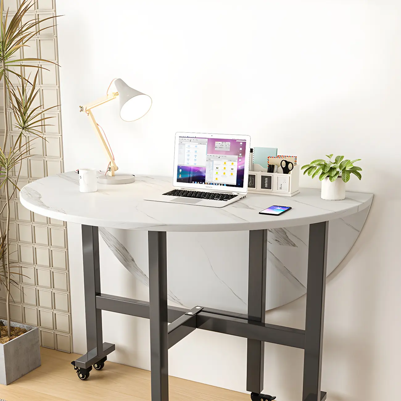 Gray Wood Round Wheeled Foldable Dining Table Image - 2 | homeyfad