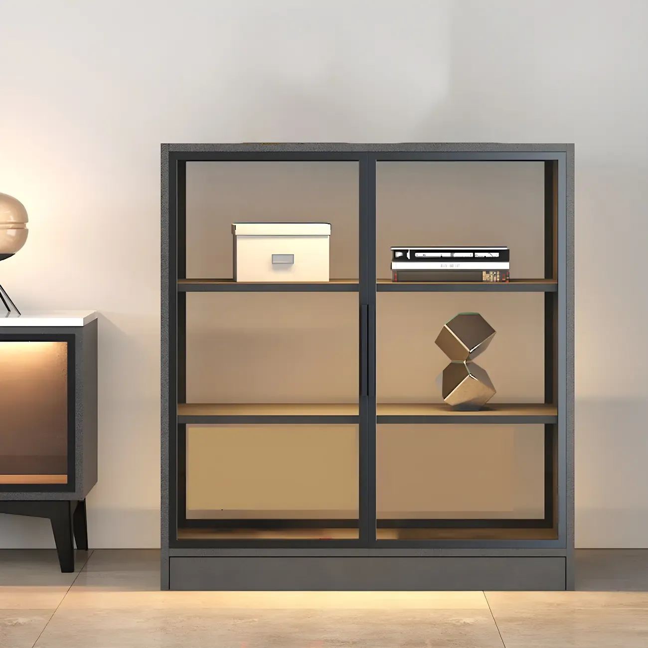 Modern Wooden Display Cabinet with Acrylic Doors & Lighting Image - 2