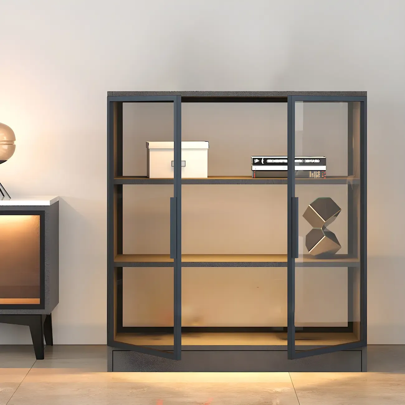 Modern Wooden Display Cabinet with Acrylic Doors & Lighting Image - 1