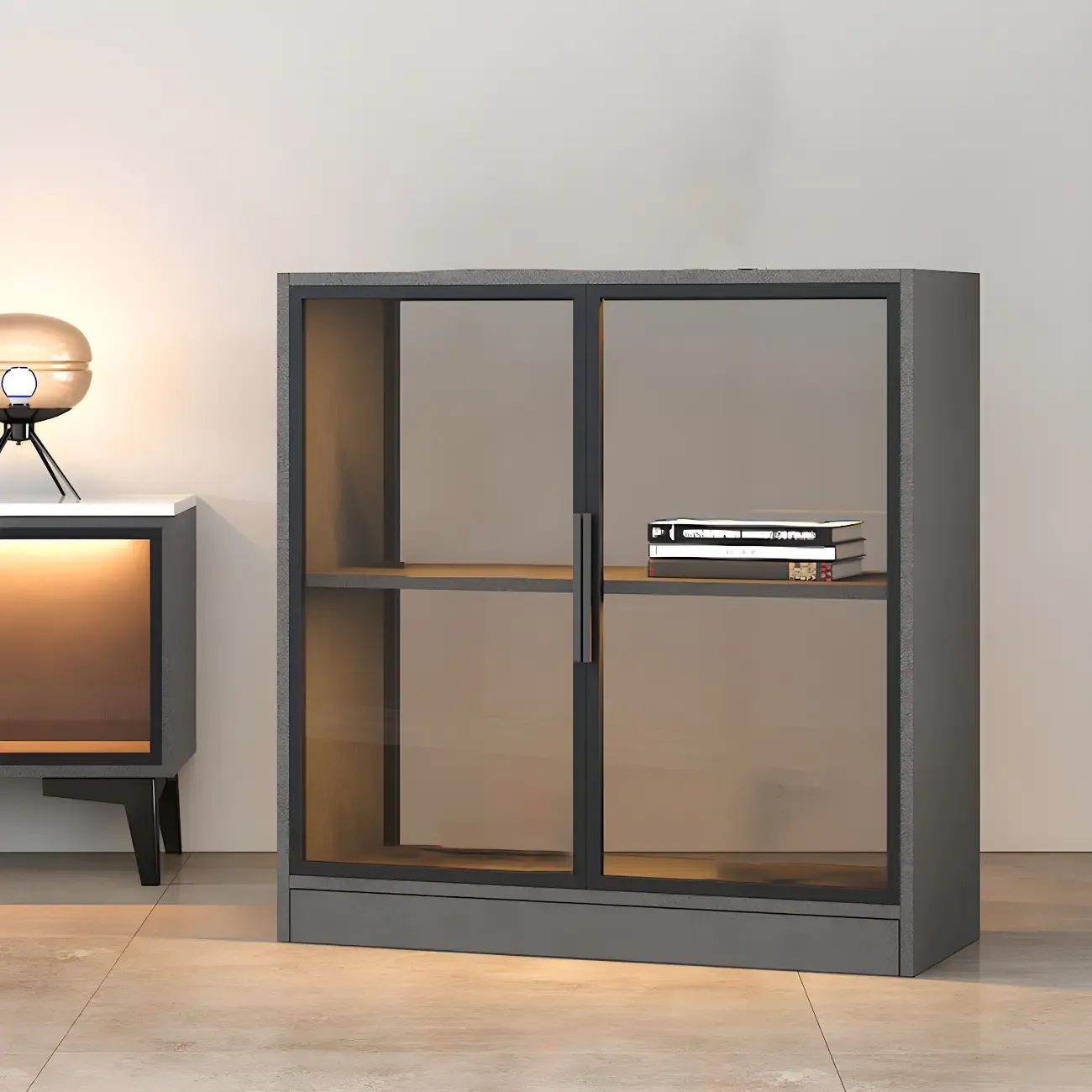 Modern Wooden Display Cabinet with Acrylic Doors & Lighting Image - 5