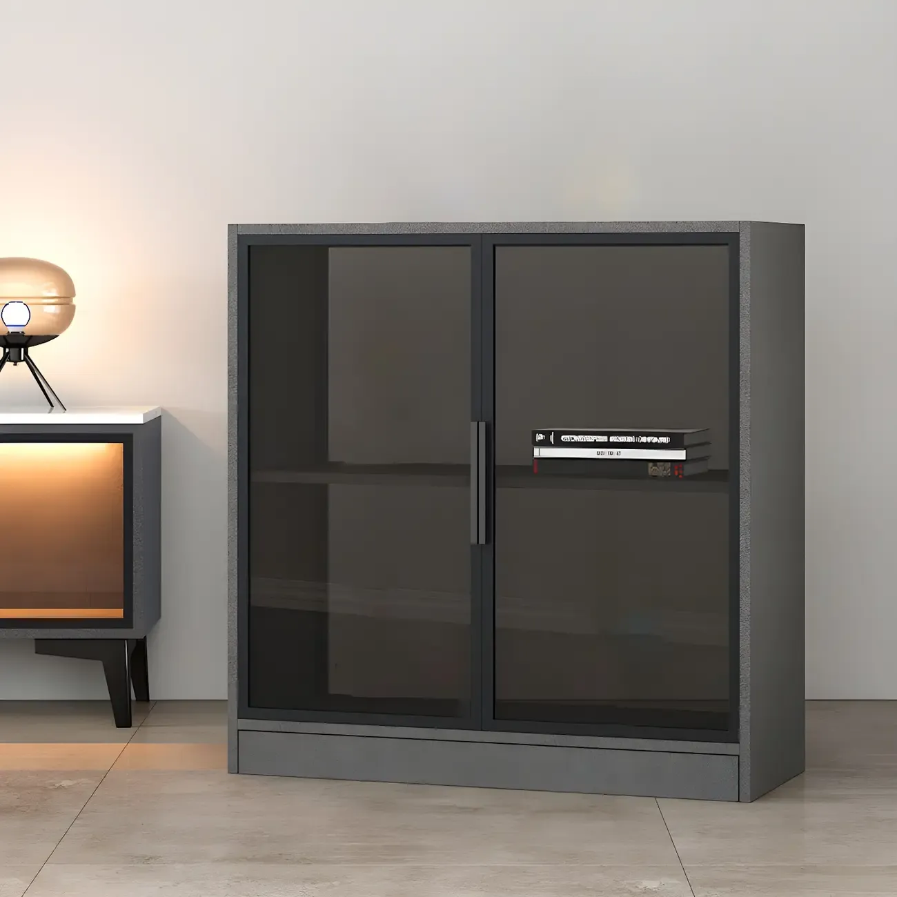 Modern Wooden Display Cabinet with Acrylic Doors & Lighting Image - 8
