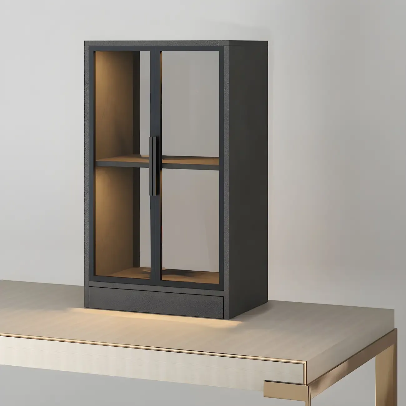 Modern Wooden Display Cabinet with Acrylic Doors & Lighting Image - 13