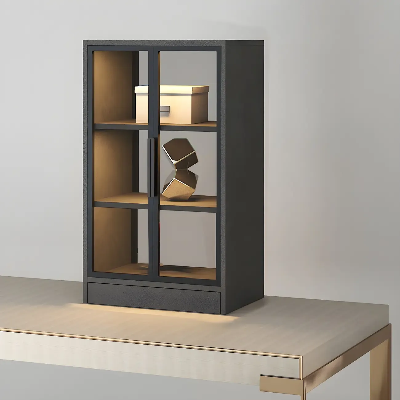 Modern Wooden Display Cabinet with Acrylic Doors & Lighting Image - 15