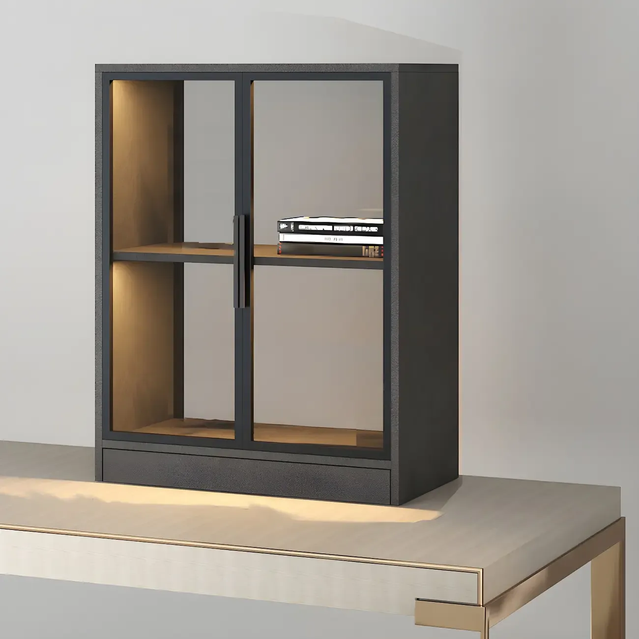 Modern Wooden Display Cabinet with Acrylic Doors & Lighting Image - 17