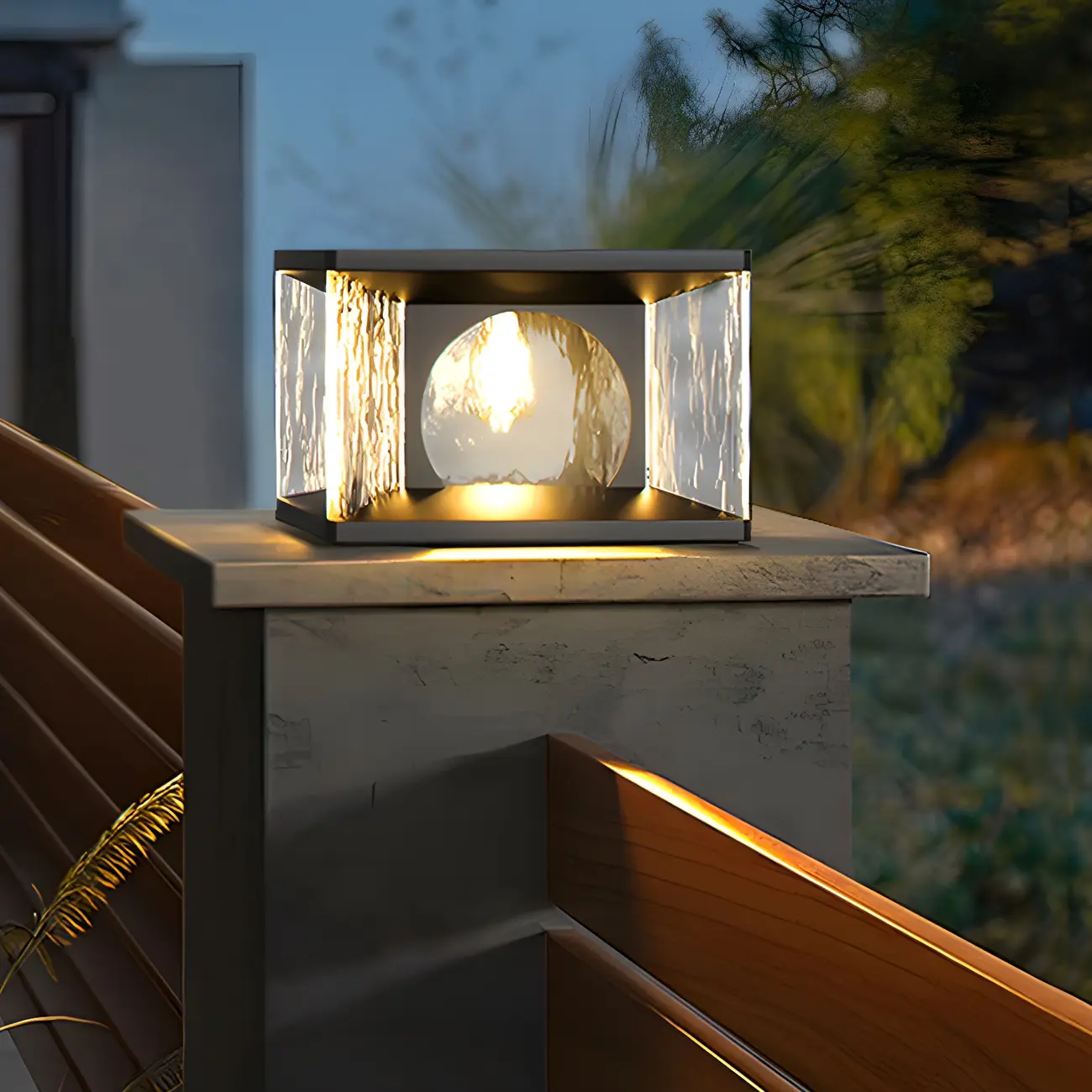 Black Metal Clear Glass Square Wired Post Cap Light Image - 1 | homeyfad