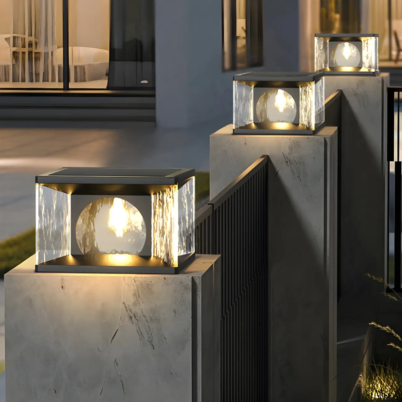 Black Metal Clear Glass Square Wired Post Cap Light Image - 7 | homeyfad