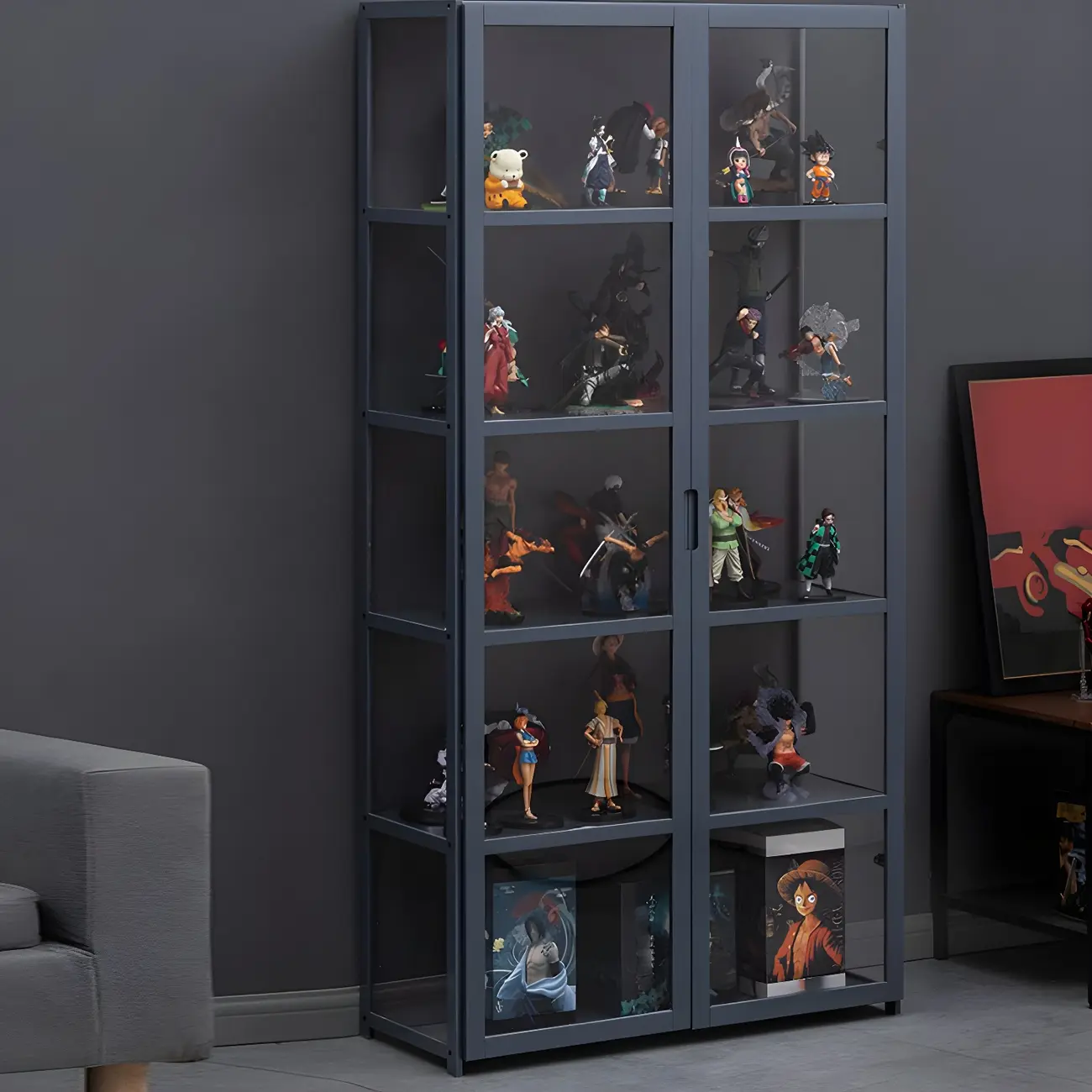 Grey Bamboo Shelf Display Cabinet Acrylic Door Image - 4 | homeyfad