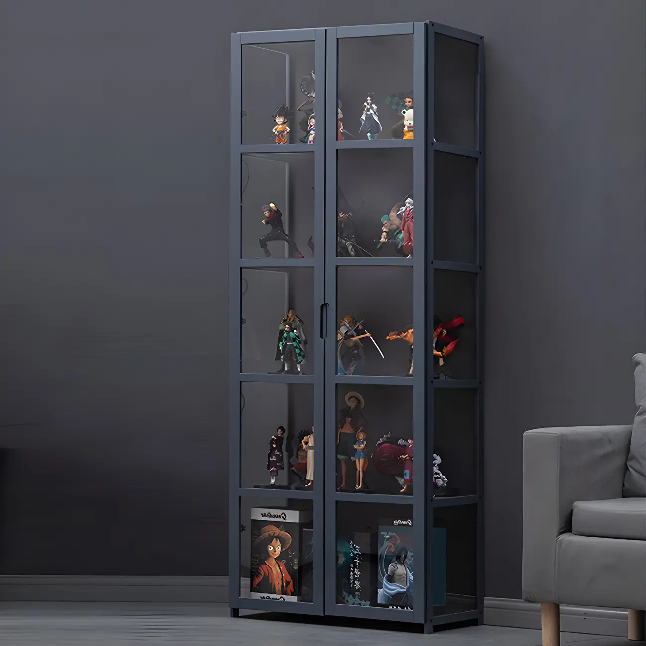 Grey Bamboo Shelf Display Cabinet Acrylic Door Image - 10 | homeyfad