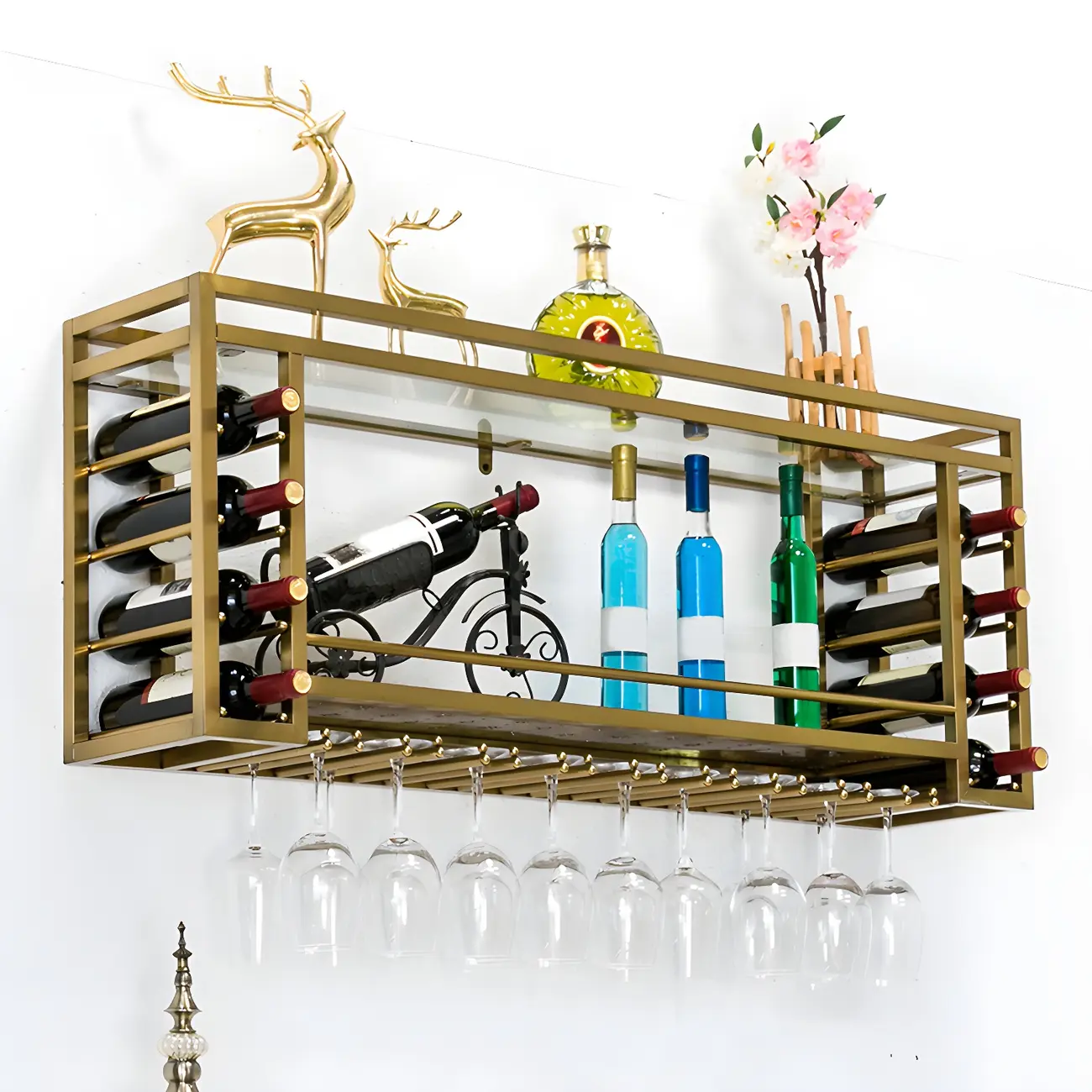 Luxury Metal Gold Wall-Mounted Open Wine Rack Image - 2 | homeyfad