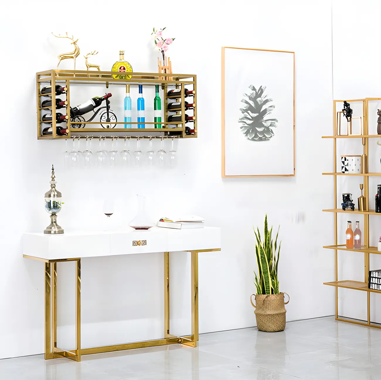 Luxury Metal Gold Wall-Mounted Open Wine Rack Image - 4 | homeyfad