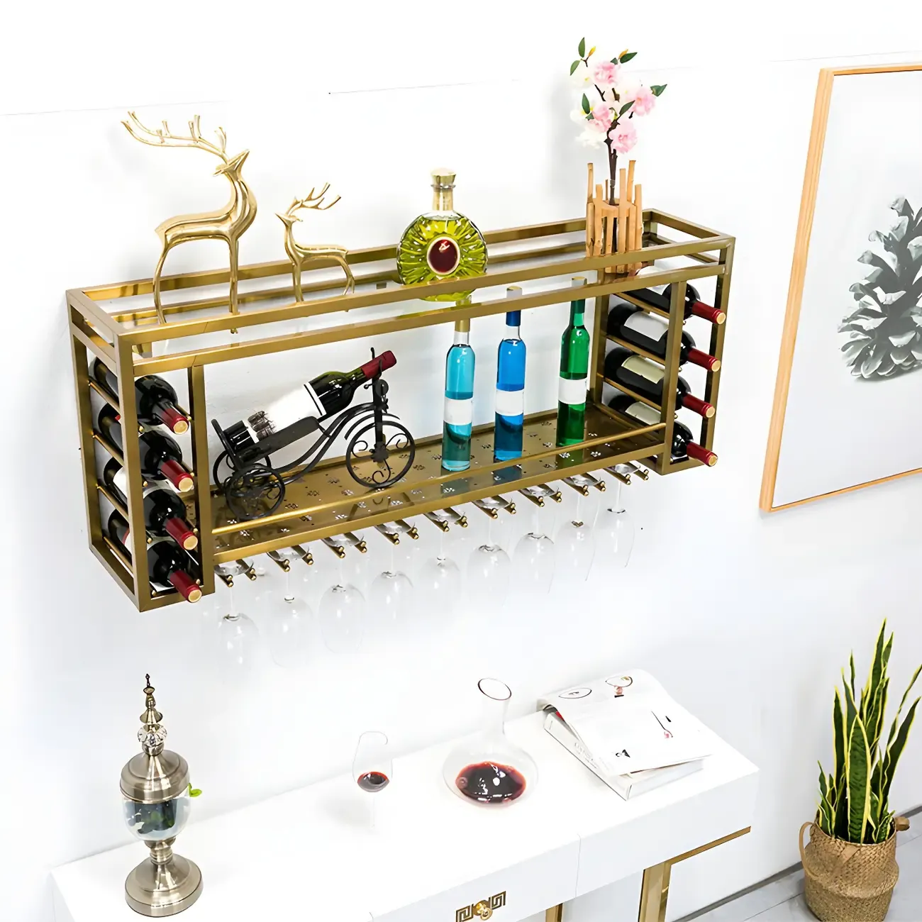 Luxury Metal Gold Wall-Mounted Open Wine Rack Image - 10