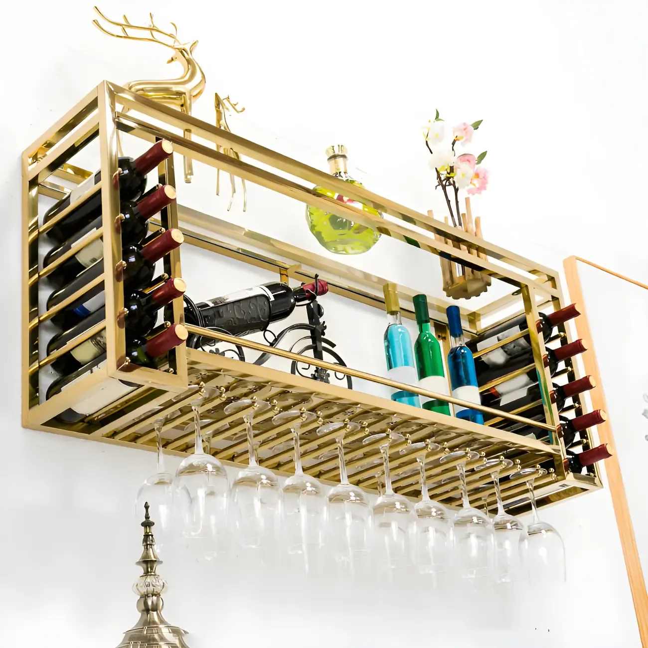 Luxury Metal Gold Wall-Mounted Open Wine Rack Image - 11