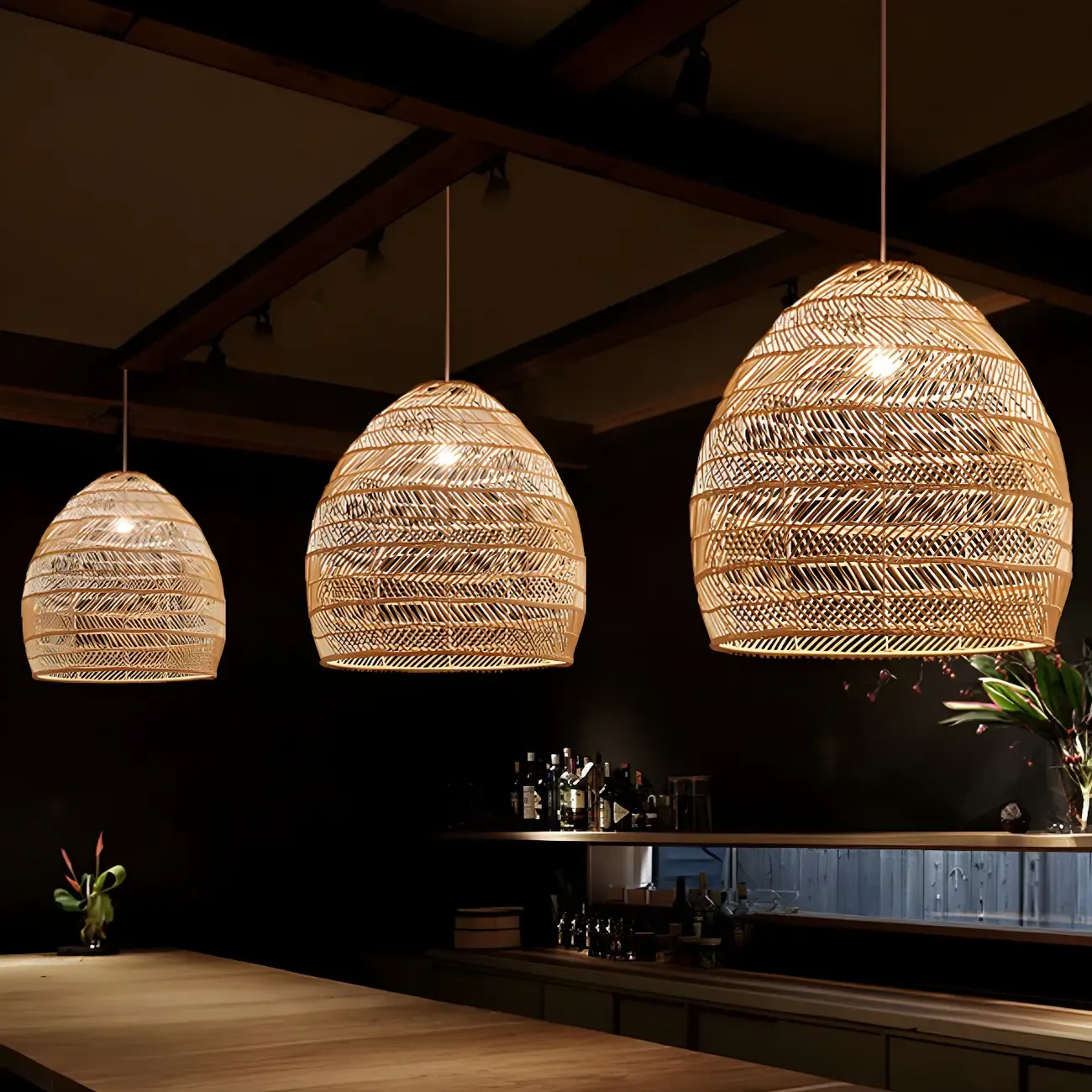 Bohemian Beige Rattan Pendant Light for Kitchen Island Image - 1