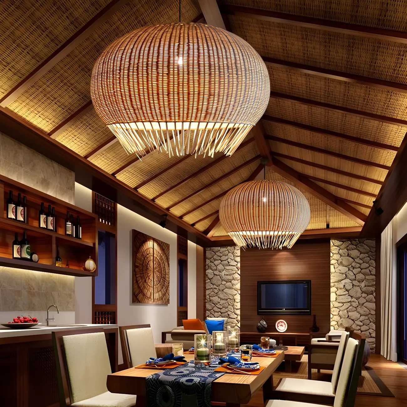 Sphere Oriental Rattan Beige Pendant Light for Kitchen Island  Image - 2 | homeyfad