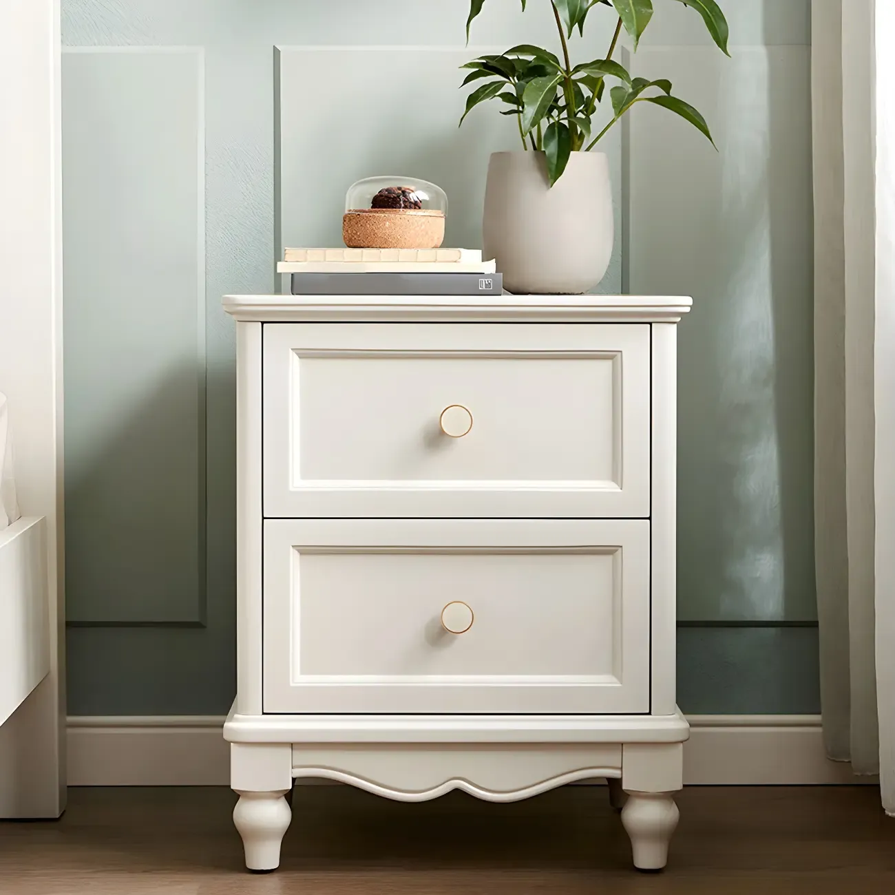 French 2-Layer White Wood Bedroom Nightstand Image - 1