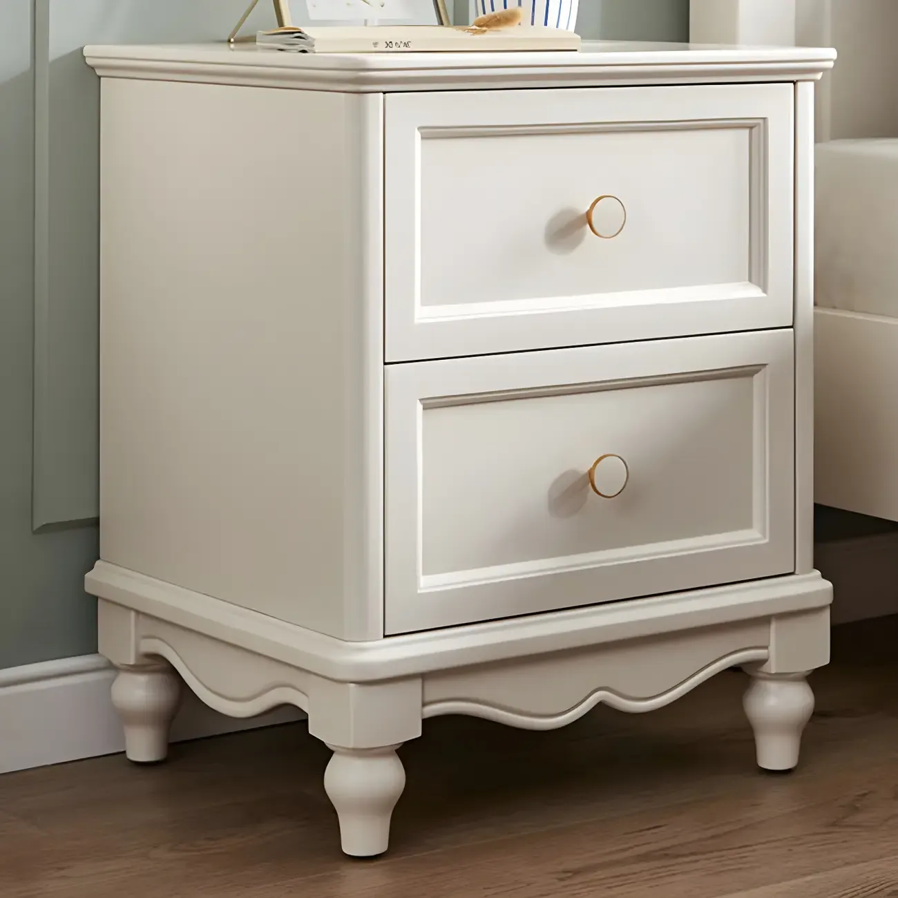 French 2-Layer White Wood Bedroom Nightstand Image - 4