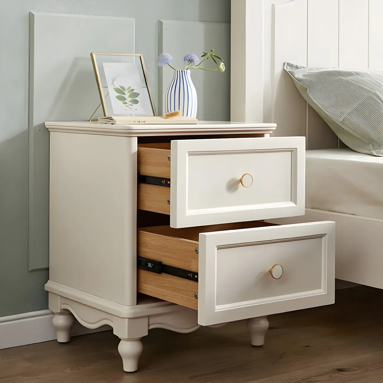 French 2-Layer White Wood Bedroom Nightstand Image - 2