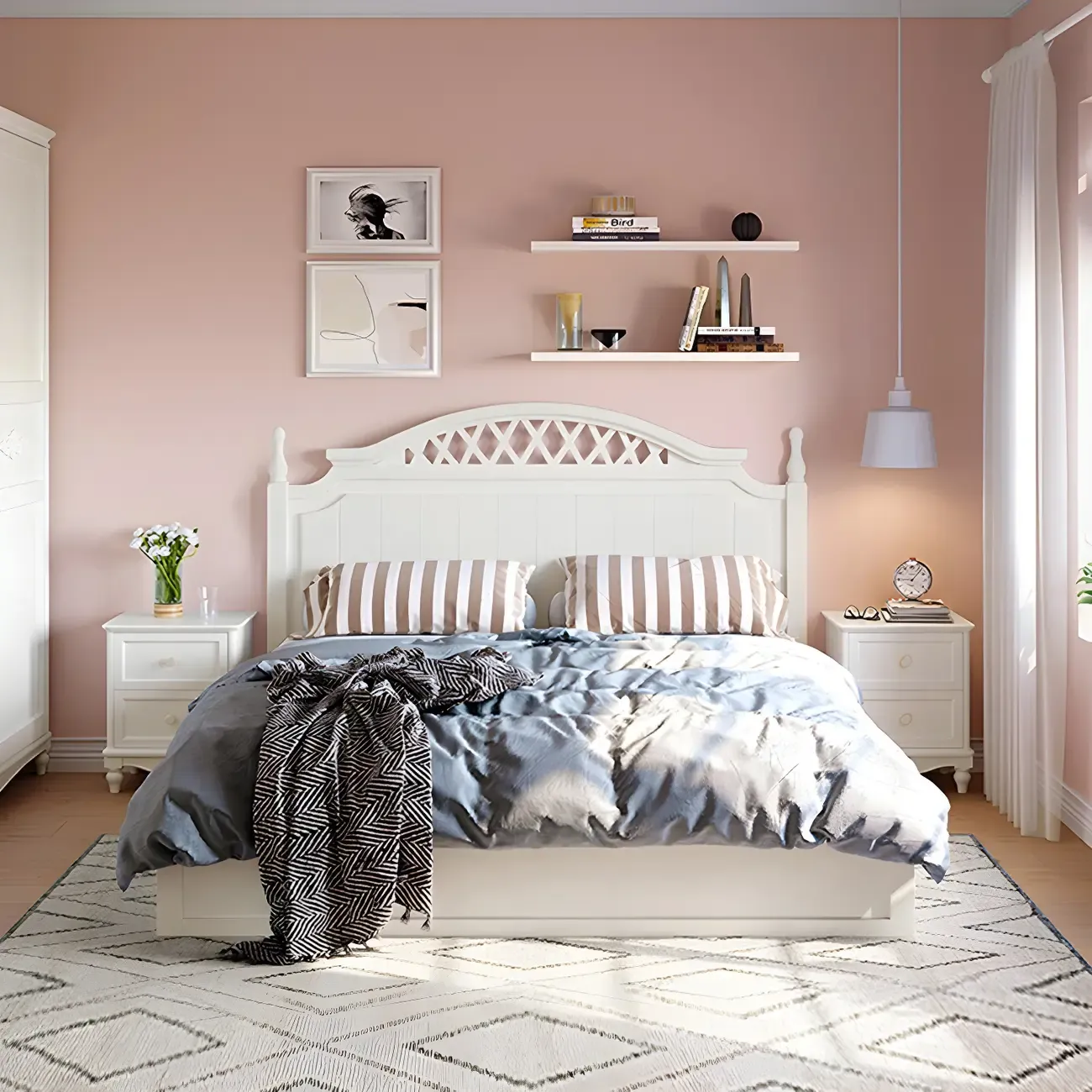 French 2-Layer White Wood Bedroom Nightstand Image - 14