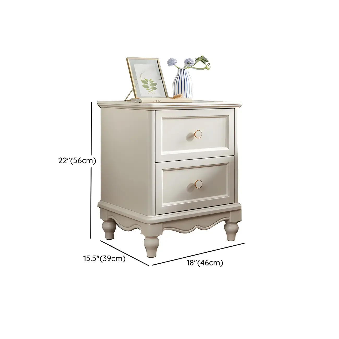 French 2-Layer White Wood Bedroom Nightstand #size