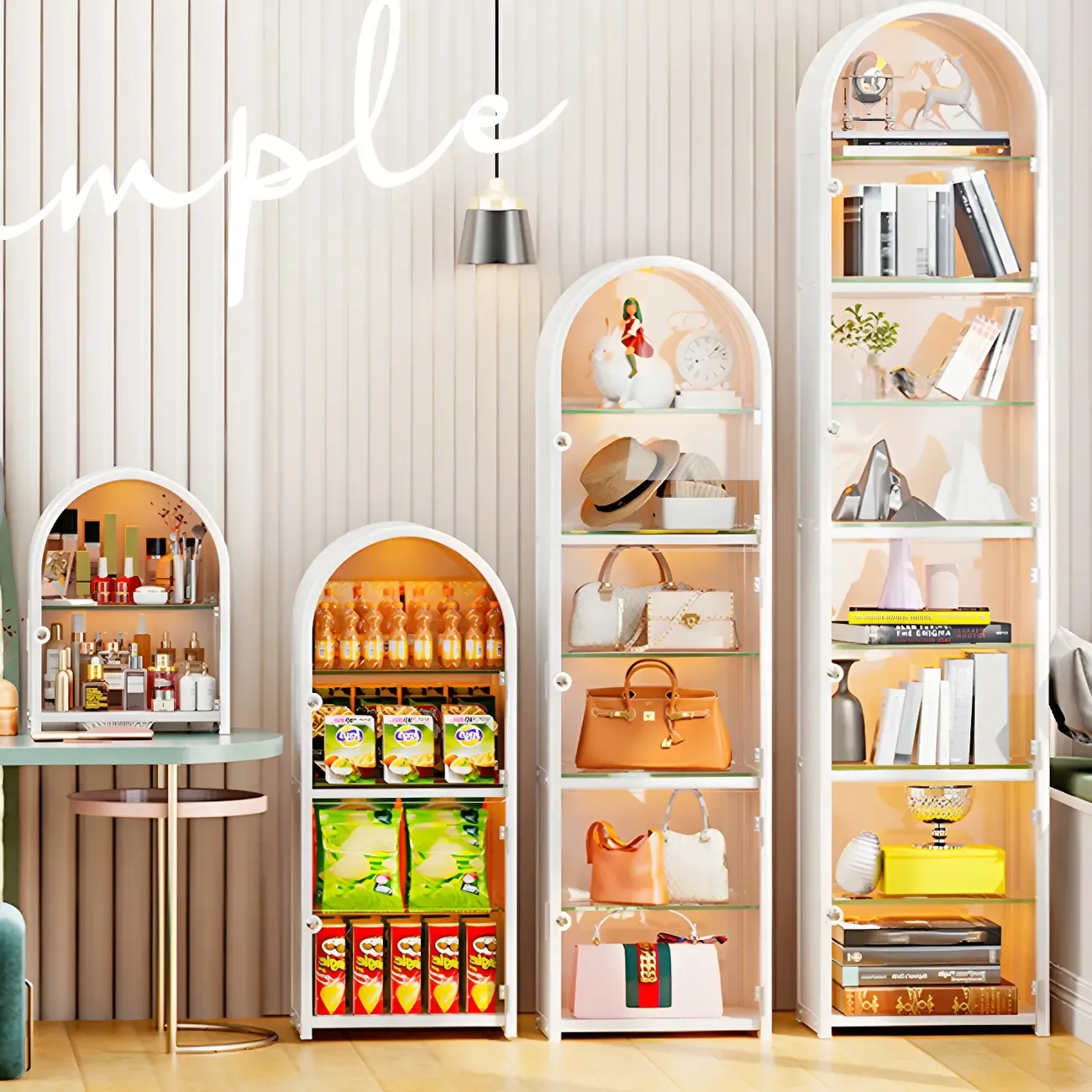 Adjustable Steel Arch Glass Shelf Display Cabinet with Light | HomeyFad