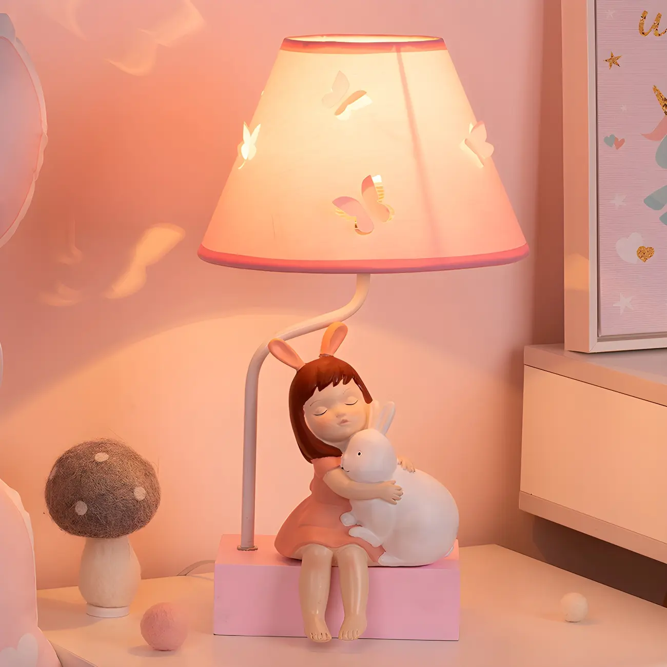 Whimsical Cartoon Pink Wooden Kids Lamp LED for Bedroom | homeyfad
