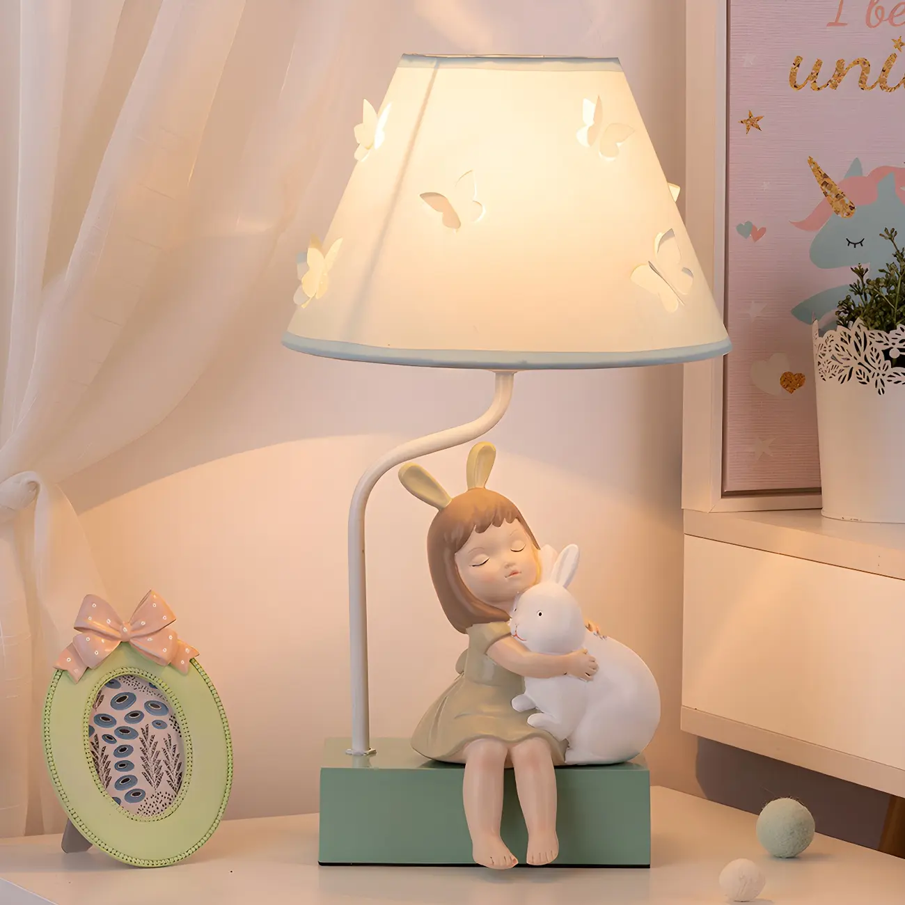 Green Wooden Kids Lamp LED Night Light for Bedroom | homeyfad