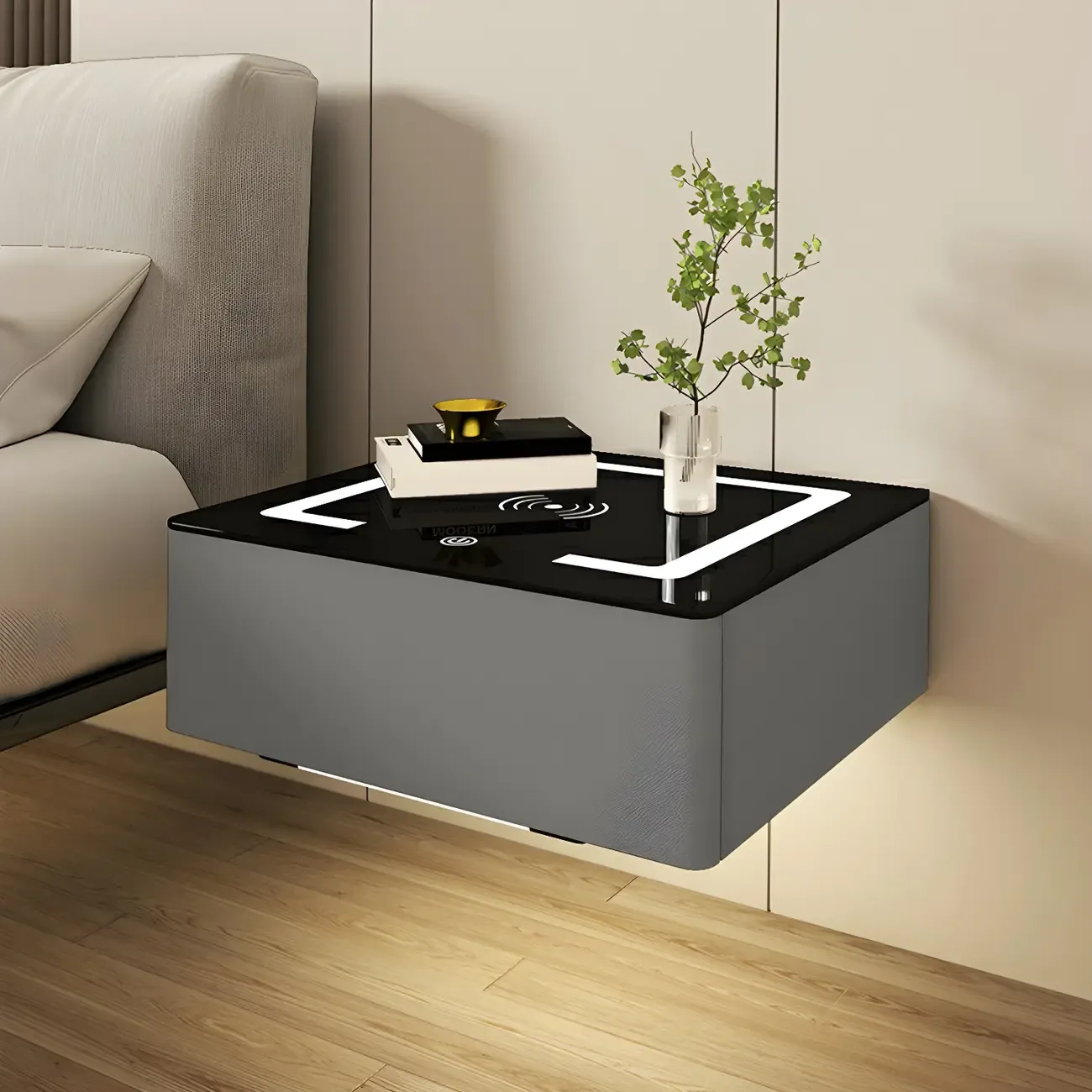 Modern Floating Stone Top Nightstand with Drawer Image - 3