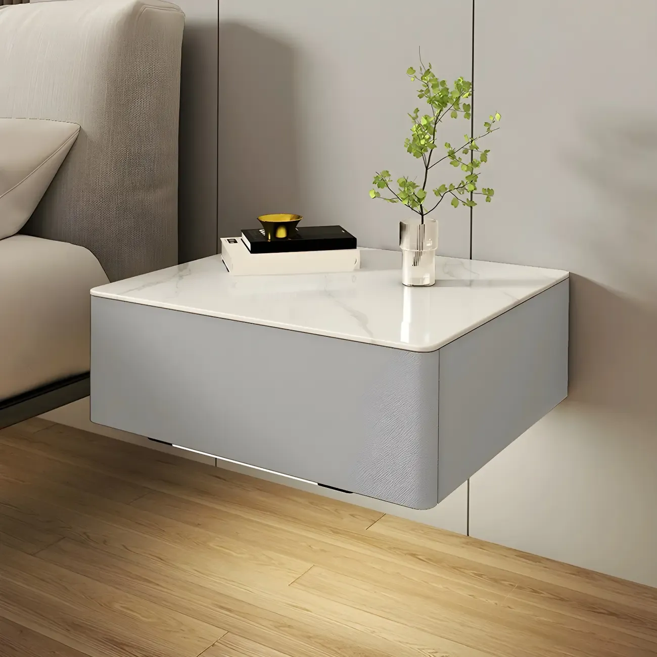 Modern Floating Stone Top Nightstand with Drawer Image - 6