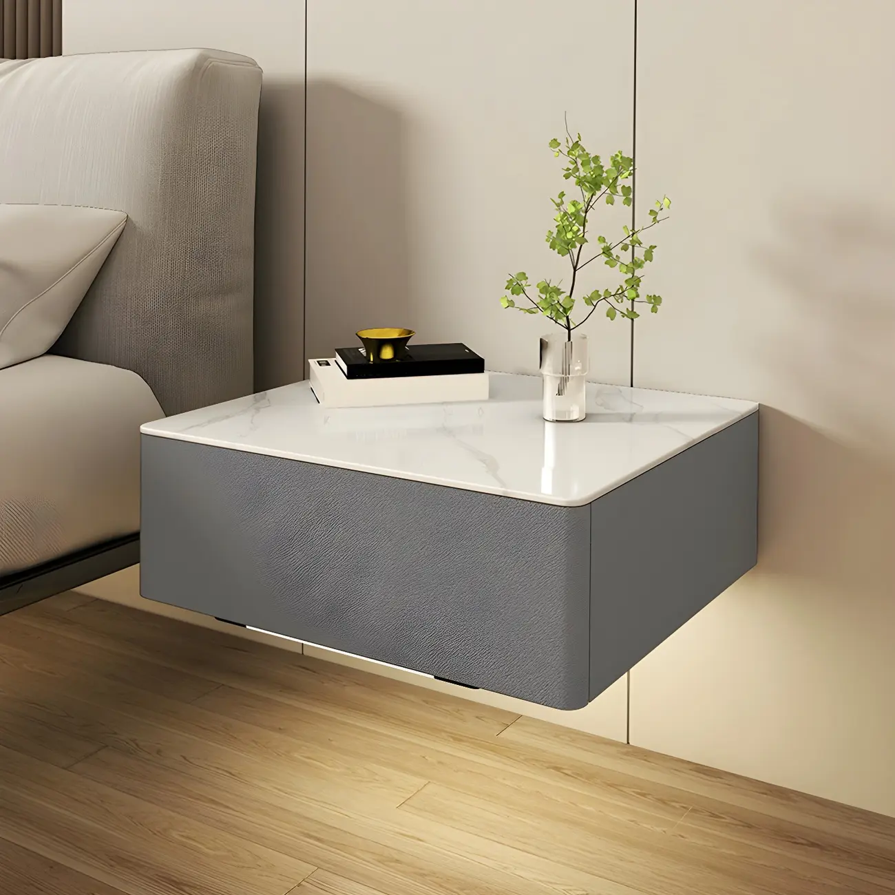 Modern Floating Stone Top Nightstand with Drawer Image - 7 | homeyfad