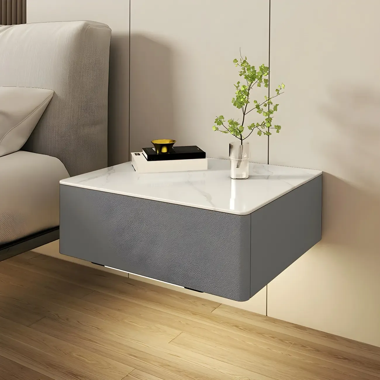 Modern Floating Stone Top Nightstand with Drawer Image - 7