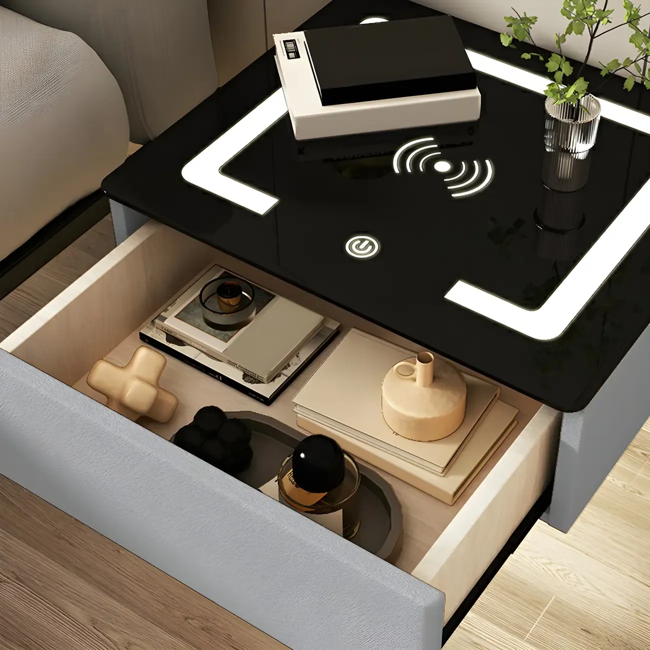 Modern Floating Stone Top Nightstand with Drawer Image - 12