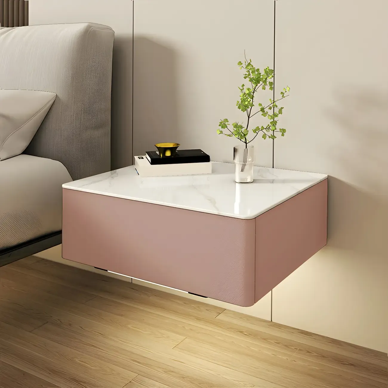 Modern Floating Stone Top Nightstand with Drawer Image - 17