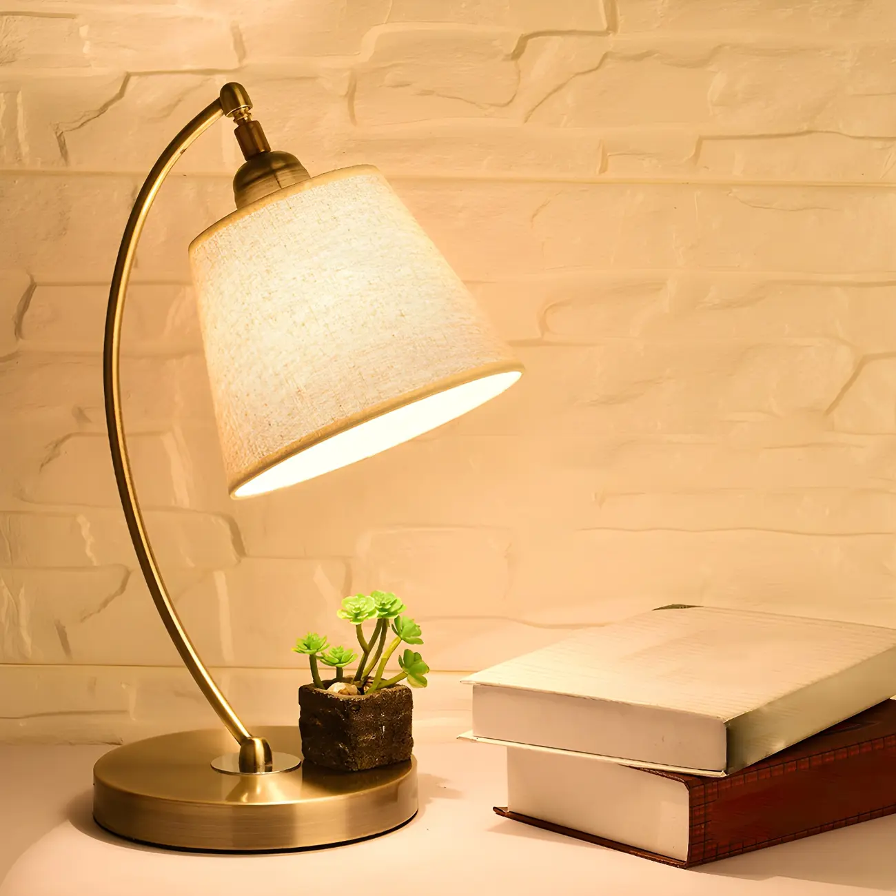 Plug In Bedside Bronze Barrel LED Table Lamp Fabric Shade Image - 1 | homeyfad