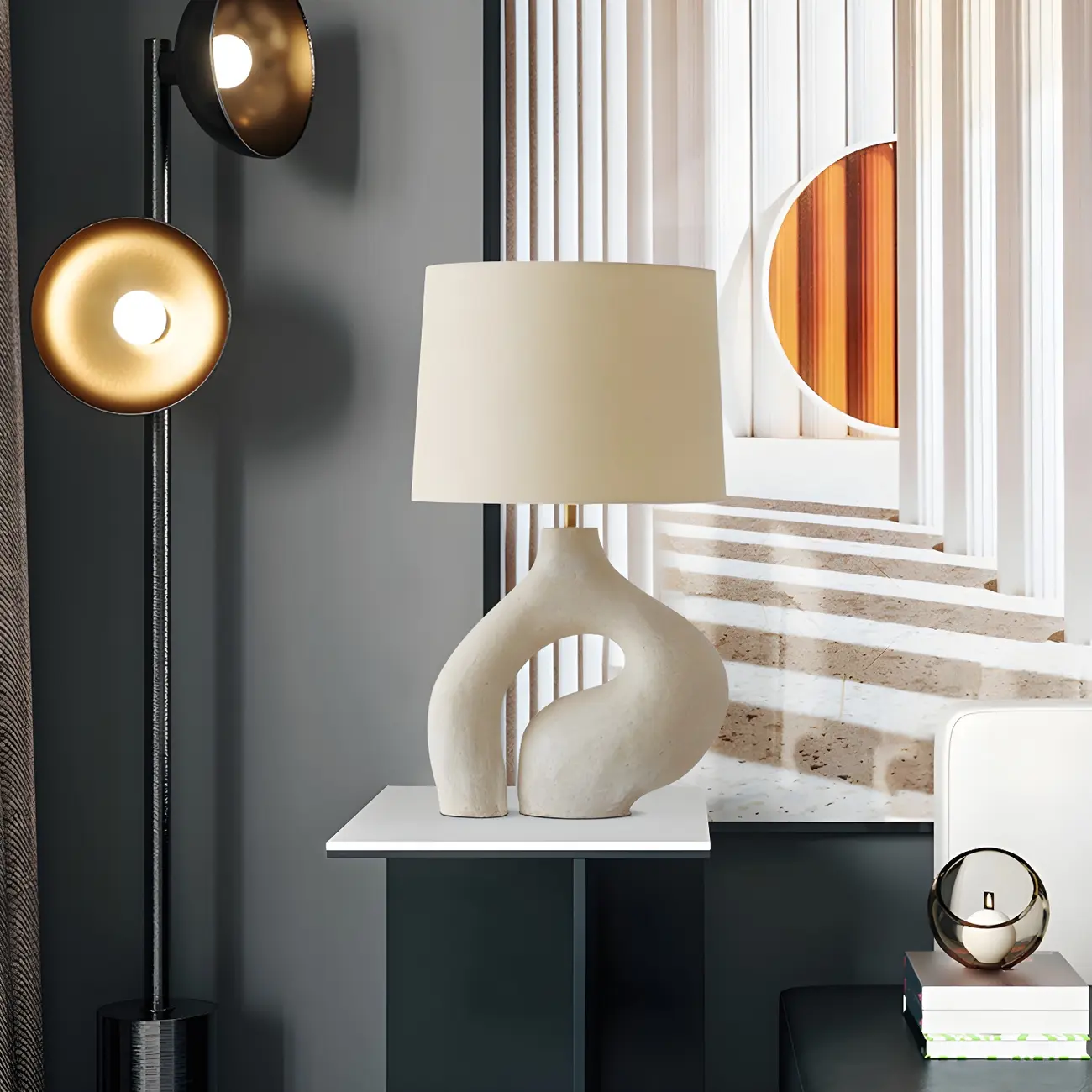 Geometric Dimmable White Resin Table Lamp for Bedroom Image - 3 | homeyfad