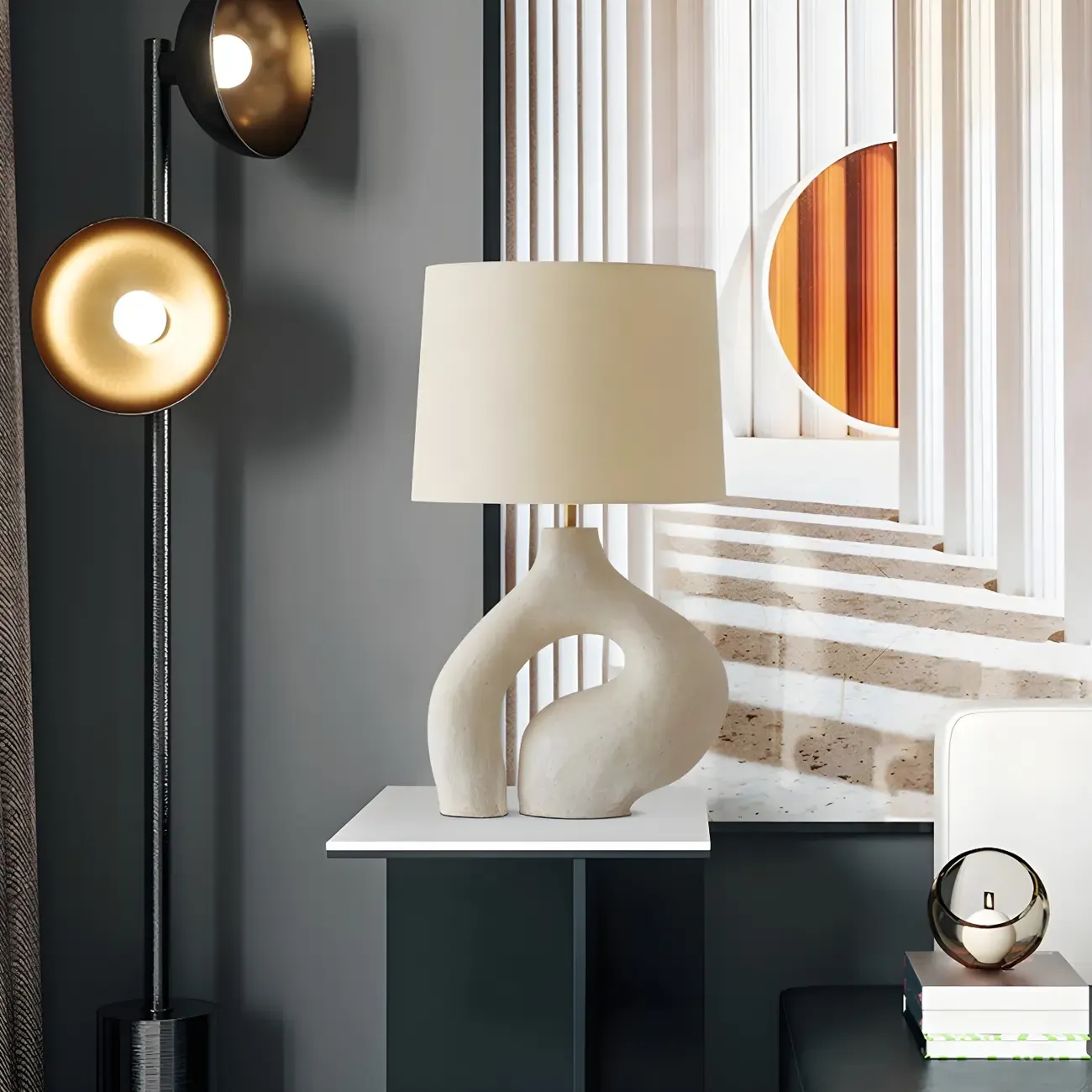 Geometric Dimmable White Resin Table Lamp for Bedroom Image - 3