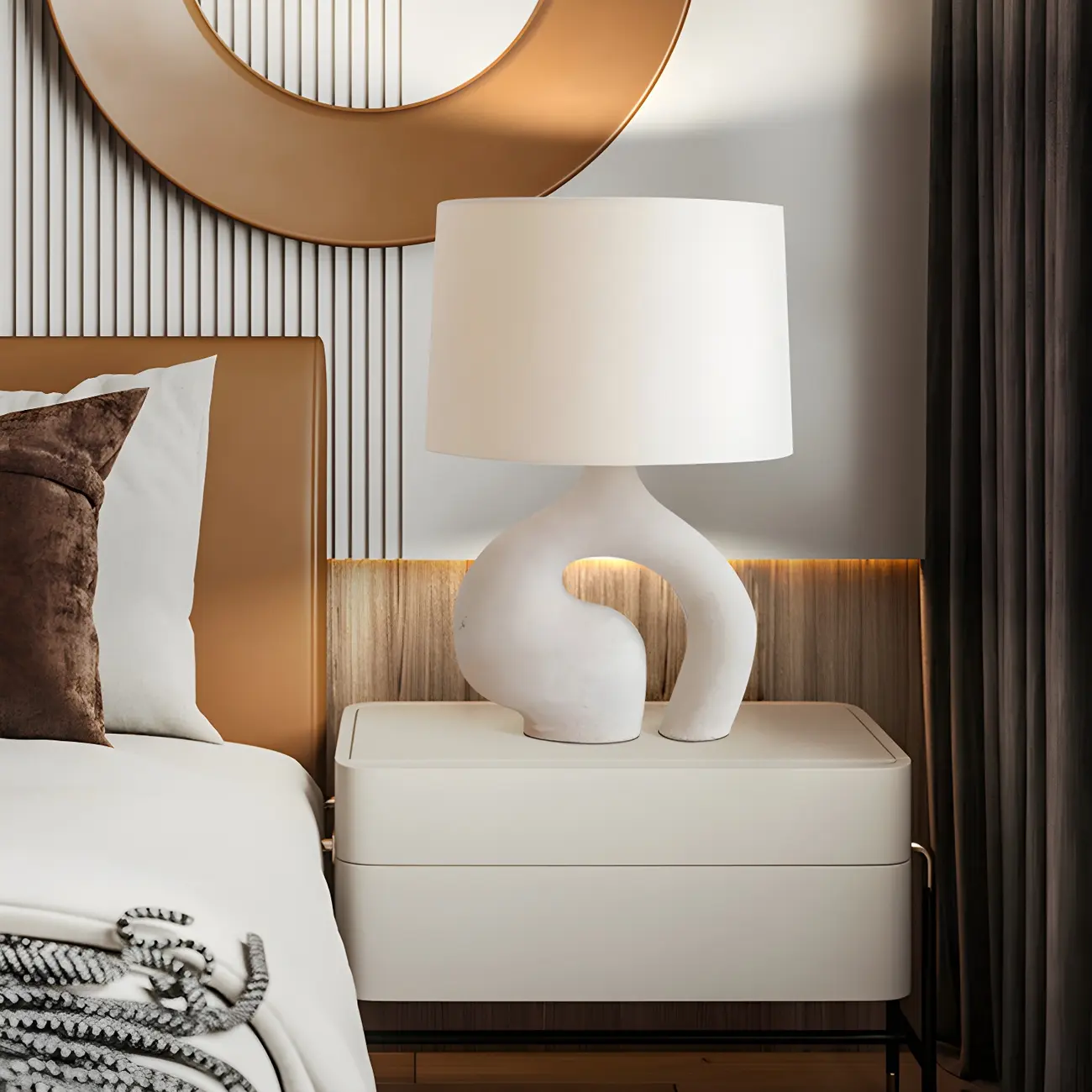 Geometric Dimmable White Resin Table Lamp for Bedroom Image - 5 | homeyfad