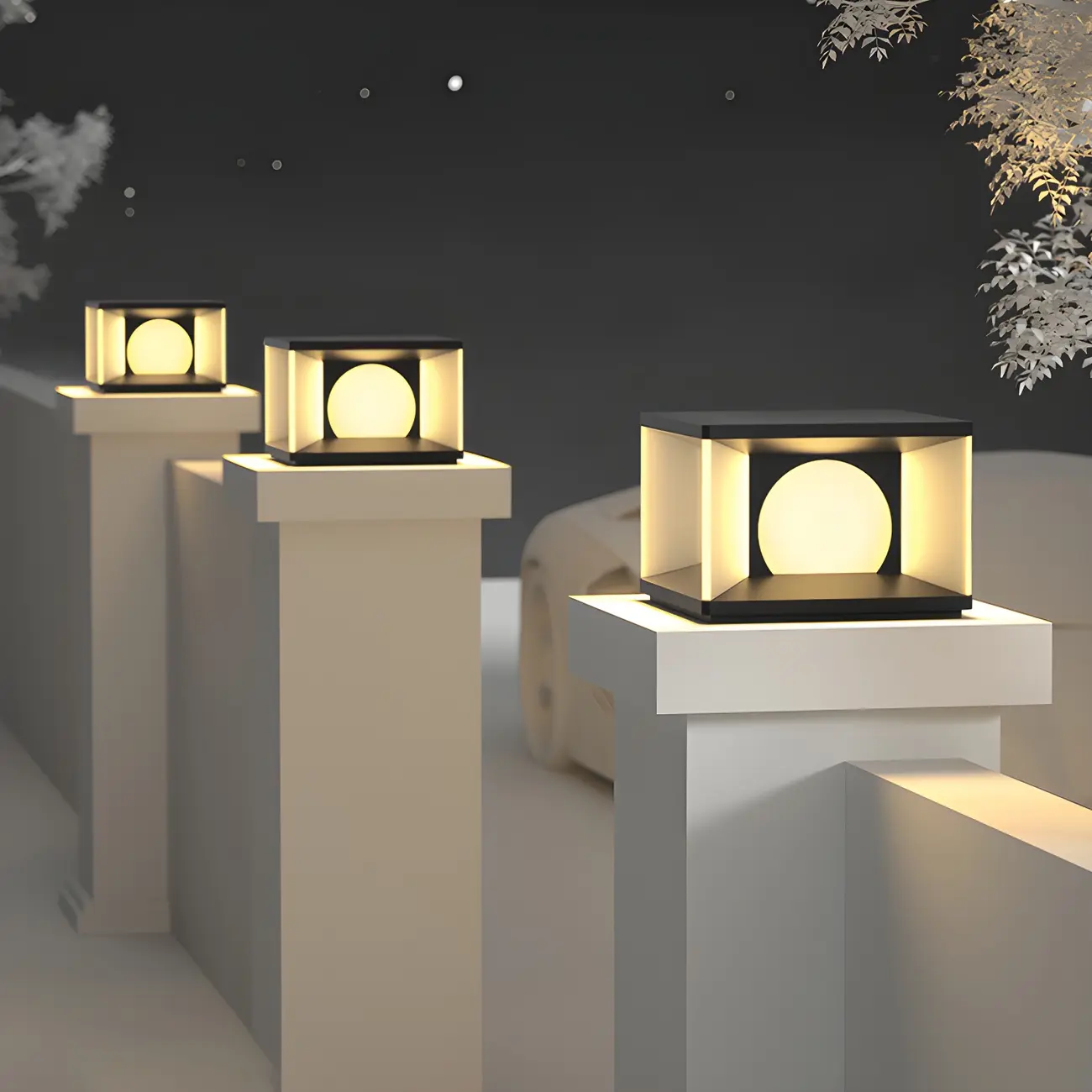 Warm Light Black Cube Solar LED Outdoor Post Lights | homeyfad