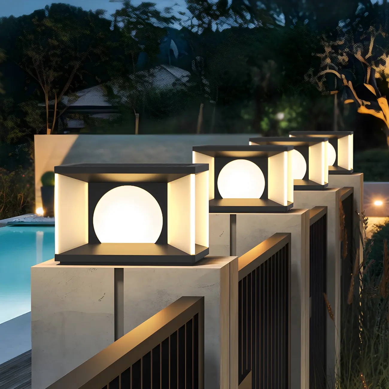Warm Light Black Cube Solar LED Outdoor Post Lights | homeyfad