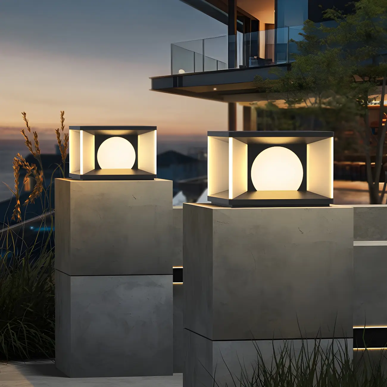 Warm Light Black Cube Solar LED Outdoor Post Lights | homeyfad