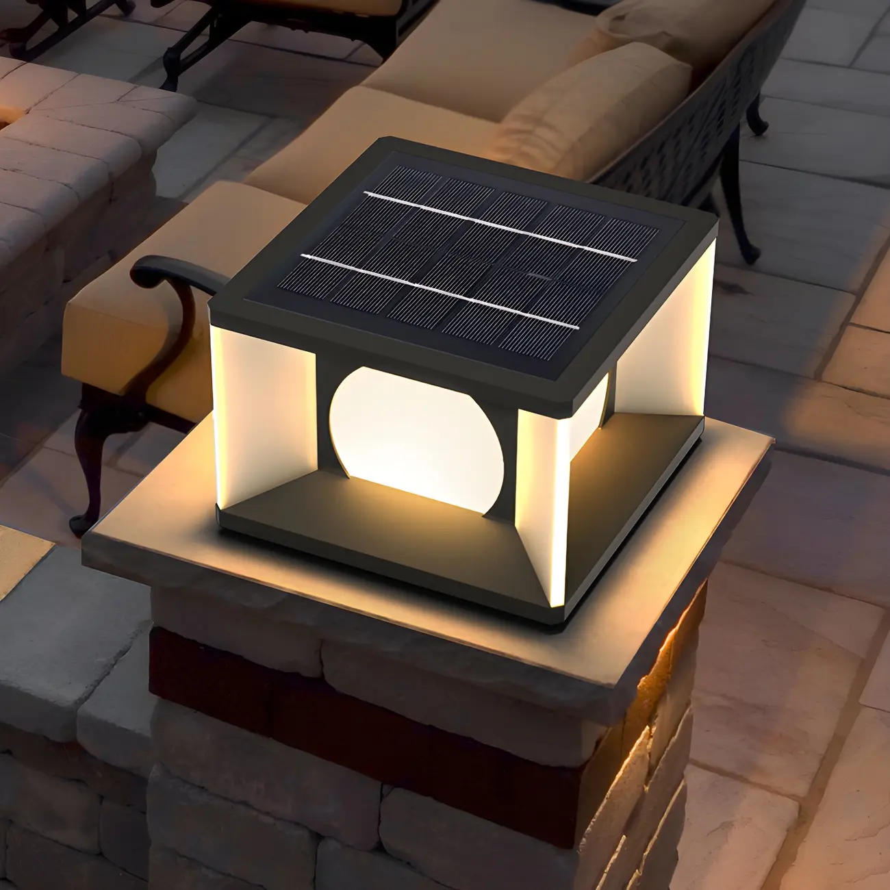 Warm Light Black Cube Solar LED Outdoor Post Lights | homeyfad