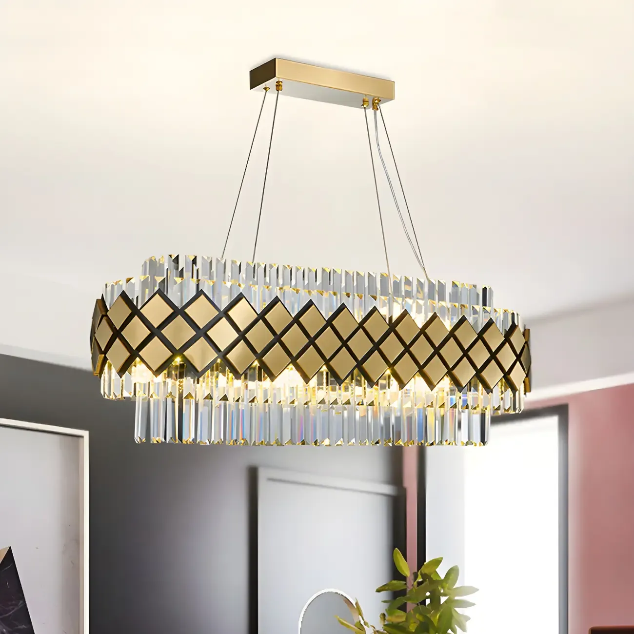16-Light Modern Gold Crystal Oval Island Pendant Light Image - 1