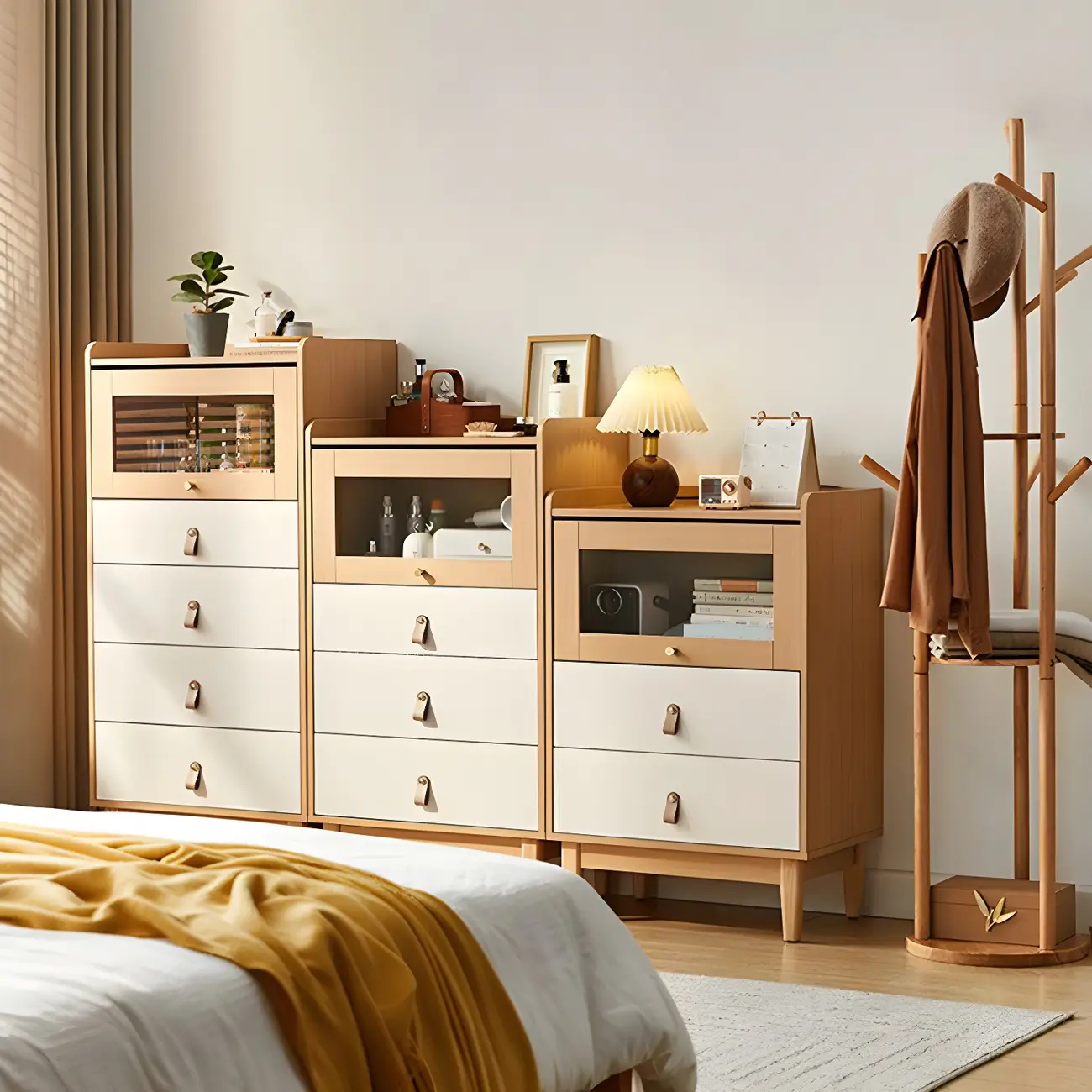 Minimalist Natural Wooden Vertical Dressers with Glass Doors Image - 1 | homeyfad