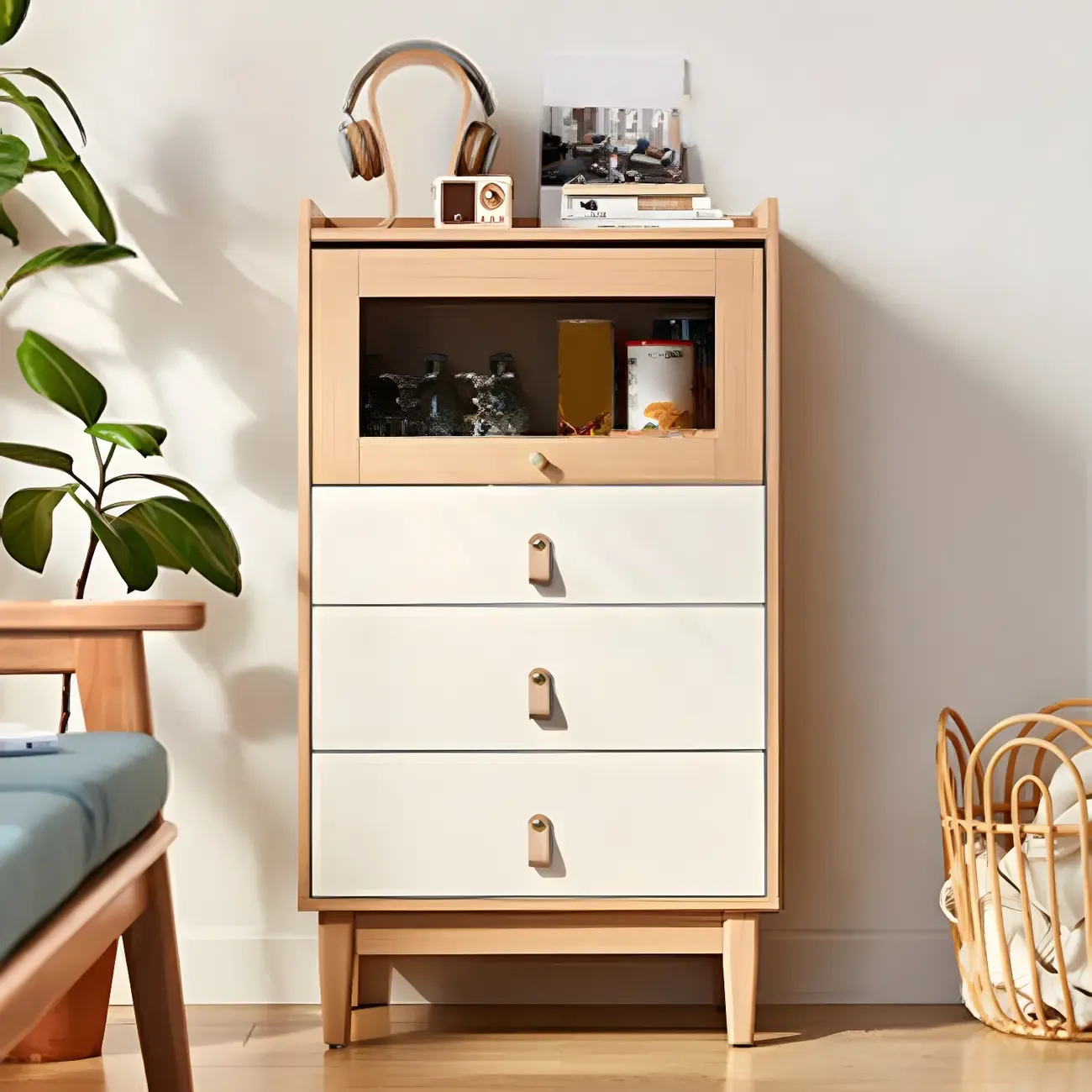 Minimalist Natural Wooden Vertical Dressers with Glass Doors Image - 2