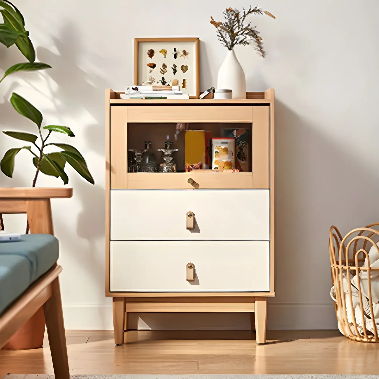 Minimalist Natural Wooden Vertical Dressers with Glass Doors Image - 3 | homeyfad