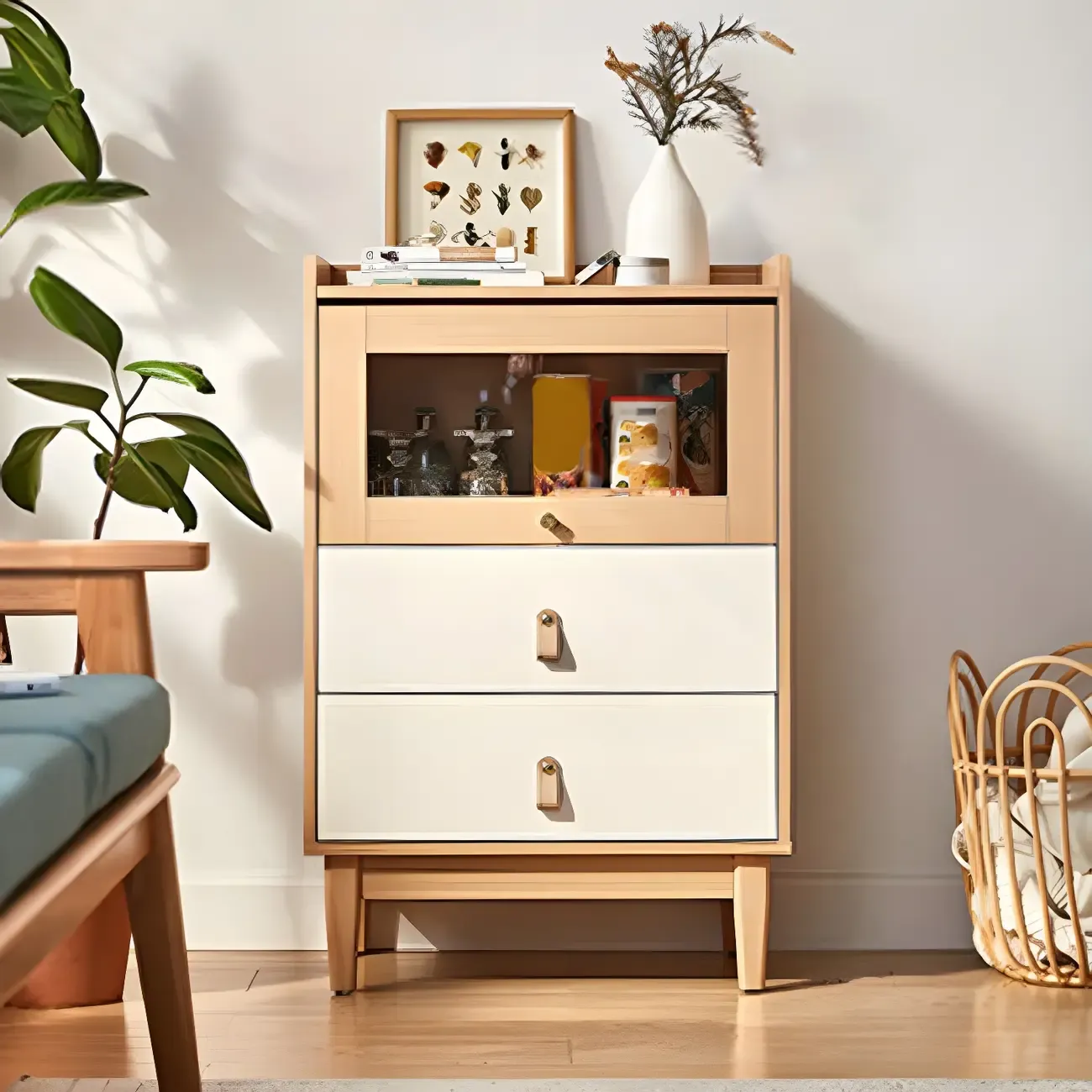 Minimalist Natural Wooden Vertical Dressers with Glass Doors Image - 3