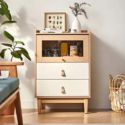 Minimalist Natural Wooden Vertical Dressers with Glass Doors Image - 3