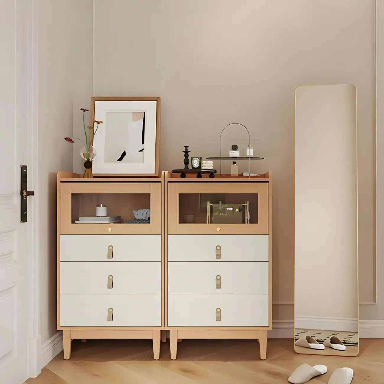 Minimalist Natural Wooden Vertical Dressers with Glass Doors Image - 4